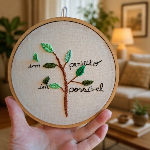 Quadro Decoração Interativo Presente Afetivo Bordado em Bastidor 16 cm Perfeito Possível