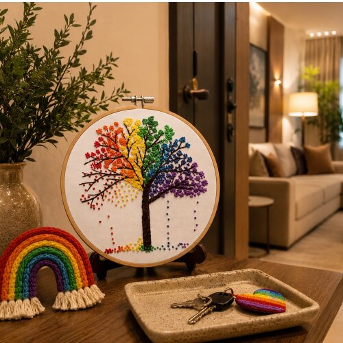 Ipê Arco-Íris 🌈 Bordado em Bastidor  Natureza em Cores Vivas Decoração Original Exclusivo Conexão e Criatividade Presente Afetivo