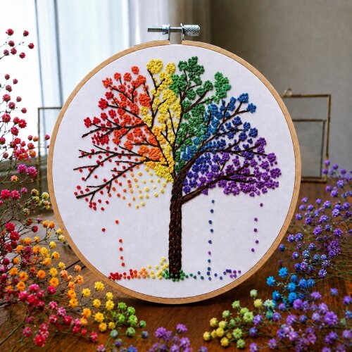 Ipê Arco-Íris 🌈 Bordado em Bastidor  Natureza em Cores Vivas