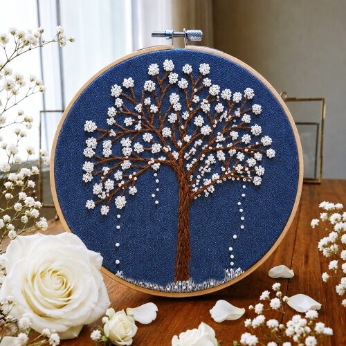 Ipê Branco Bordado em Bastidor  Decoração Original Exclusivo Conexão e Criatividade Presente Afetivo