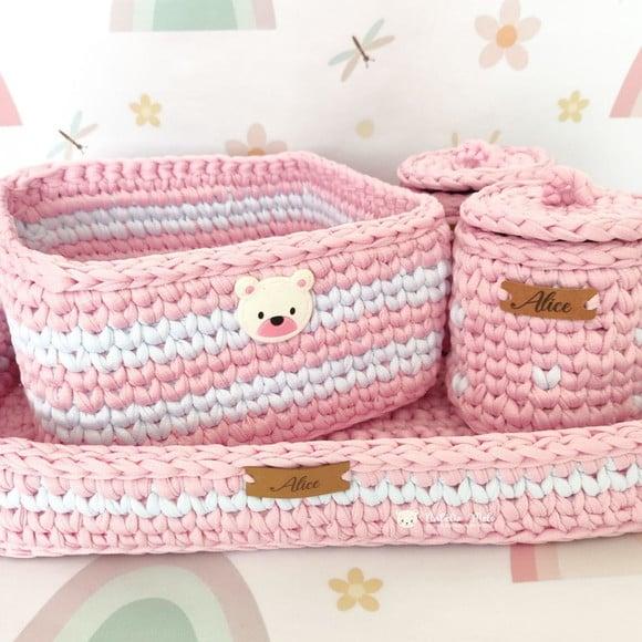 Kit Higiene Fio de Malha em Crochê Menina 4 Peças