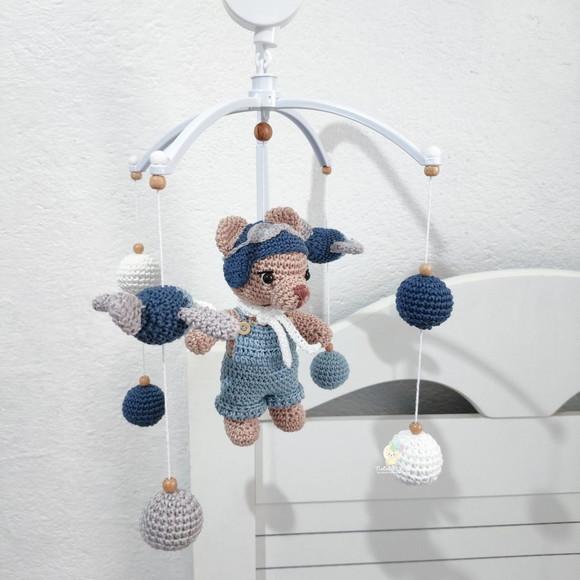 Móbile Amigurumi Urso Aviador com Musical