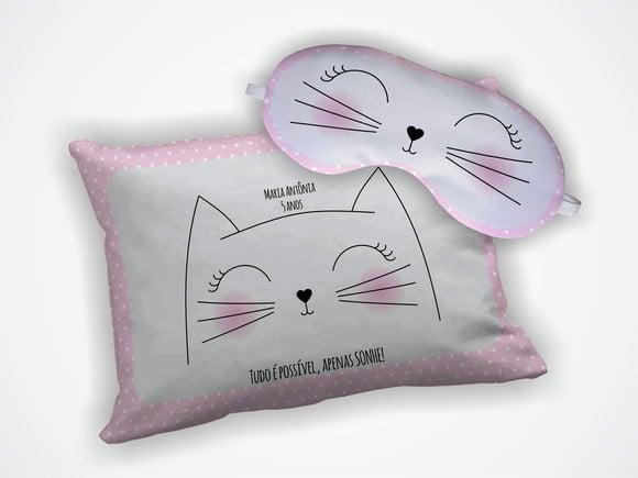 Kit Almofada 18x28cm + Mascara de Dormir Gatinho e Gatinha