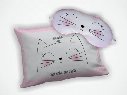 Kit Almofada 18x28cm + Mascara de Dormir Gatinho e Gatinha