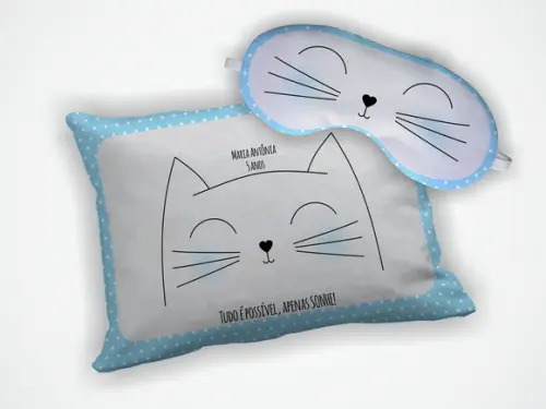 Kit Almofada 18x28cm + Mascara de Dormir Gatinho