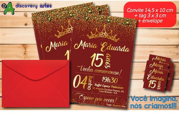 Convite Aniversário 15 Anos Vermelho Marsala e Dourado