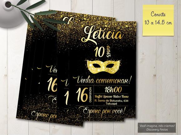Convite Dourado Baile de Máscaras 15 Anos