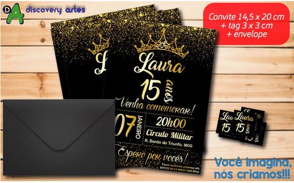 Convite Aniversário 15 Anos Preto com Dourado (14,5 x 20 Cm)