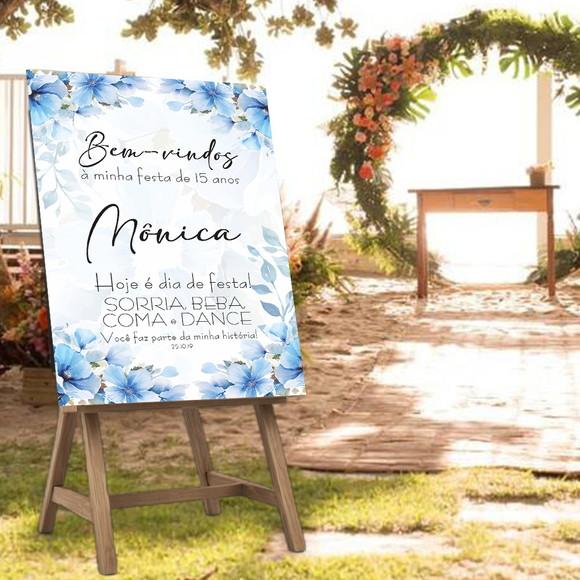 Placa de Recepção Bem-vindo Floral Azul