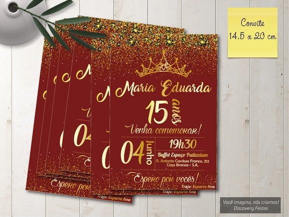 Convite Aniversário 15 Anos Vermelho Marsala e Dourado