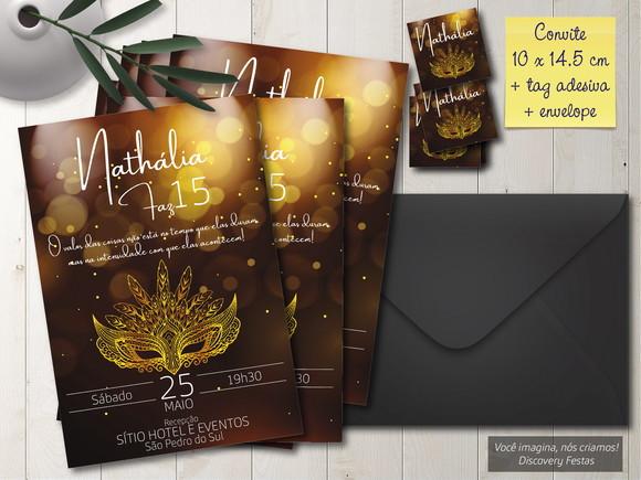 Convite Dourado Baile de Máscaras 15 Anos