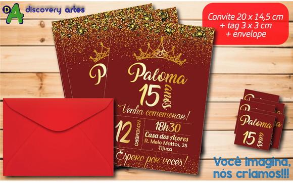 Convite 15 Anos Vermelho Marsala e Dourado (20 x 14,5 Cm)