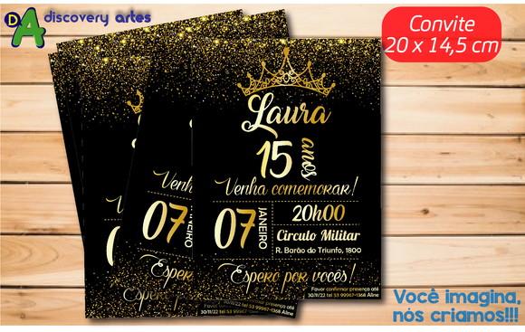Convite Aniversário 15 Anos Preto com Dourado (14,5 x 20 Cm)