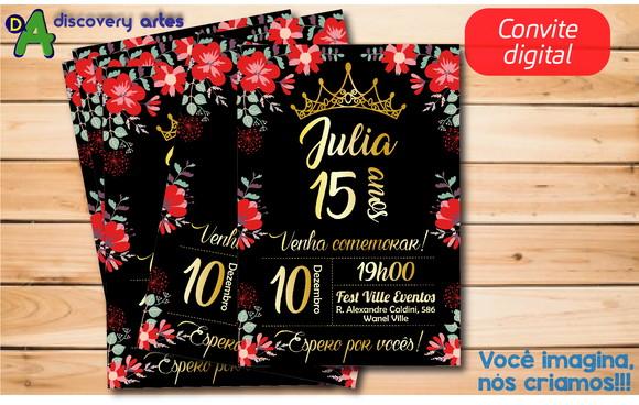 Convite Digital aniversário Preto Dourado e Vermelho