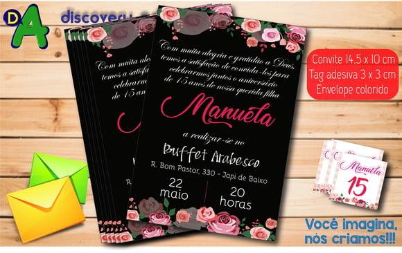 Convite Aniversário 15 Anos Preto e Rosa