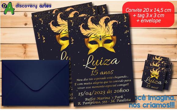 Convite Dourado Baile de Máscaras 15 Anos (20 x 14,5 Cm)
