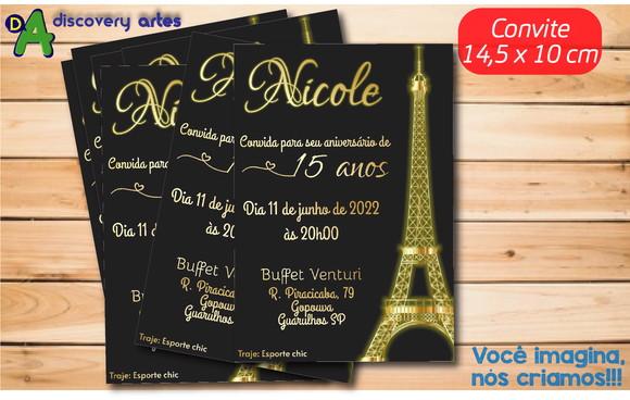 Convite Aniversário 15 Anos Paris Preto com Dourado
