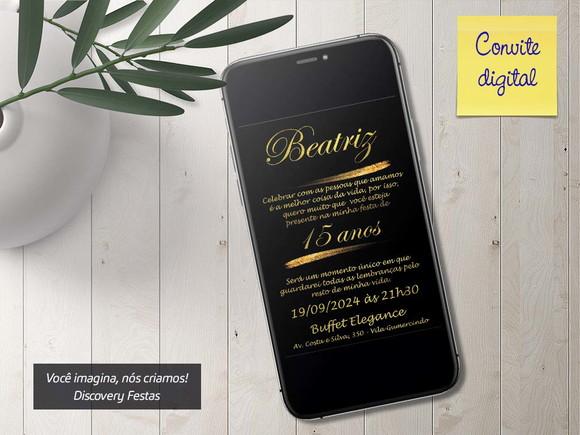 Convite Digital Debutante Preto com Dourado