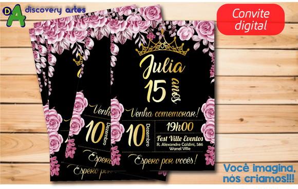 Convite Digital Aniversário 15 Anos Preto Com Rosa
