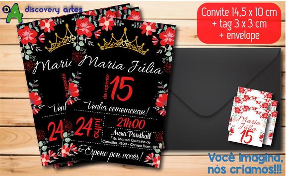 Convite Aniversário 15 Anos Preto com Rosas Vermelhas