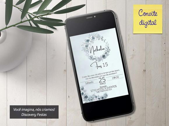 Convite Digital Debutante Floral Cinza
