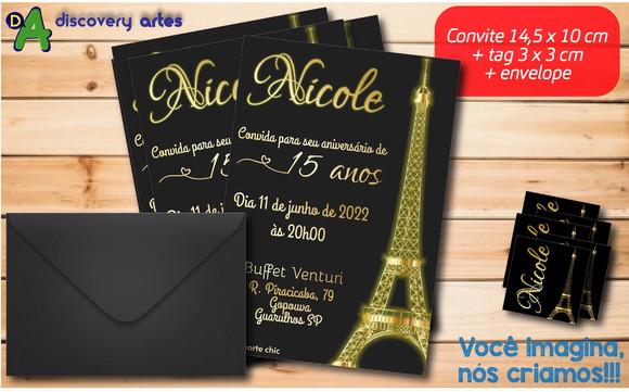 Convite Aniversário 15 Anos Paris Preto com Dourado