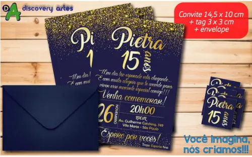 Convite Aniversário 15 Anos Azul Marinho com Dourado