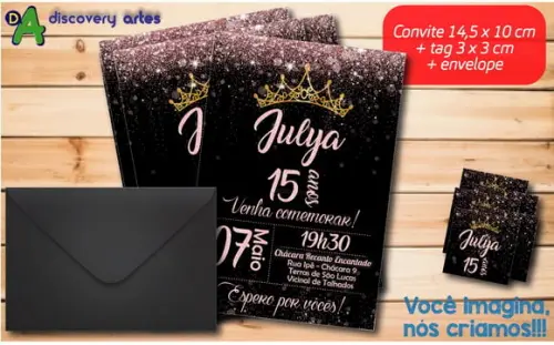 Convite Aniversário 15 Anos Preto com Glitter Rosa
