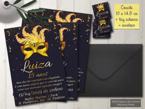 Convite Dourado Baile de Máscaras 15 Anos