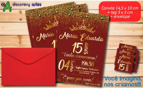 Convite Aniversário 15 Anos Vermelho Marsala e Dourado