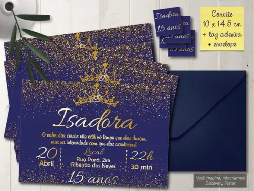 Convite Aniversário 15 Anos Azul Marinho com Dourado