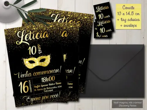 Convite Dourado Baile de Máscaras 15 Anos
