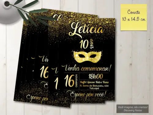 Convite Dourado Baile de Máscaras 15 Anos