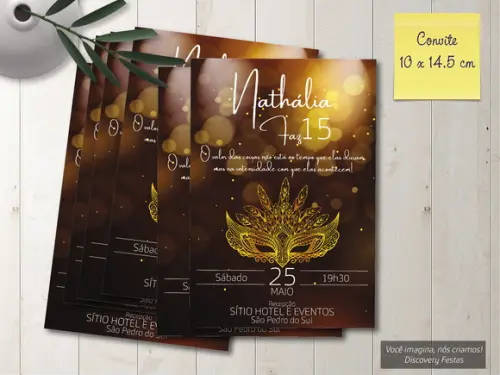 Convite Dourado Baile de Máscaras 15 Anos