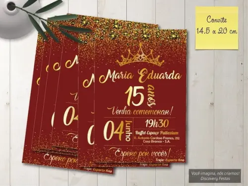 Convite Aniversário 15 Anos Vermelho Marsala e Dourado