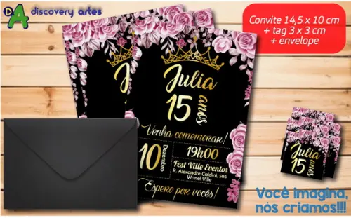 Convite Aniversário 15 Anos Preto e Rosa