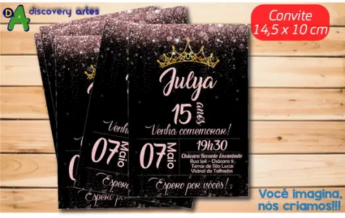 Convite Aniversário 15 Anos Preto com Glitter Rosa