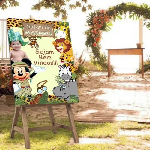 Placa de Recepção Mickey Safari com Foto da Criança
