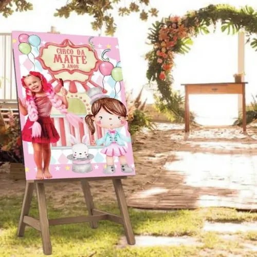 Placa de Recepção Circo Rosa com Foto da Criança