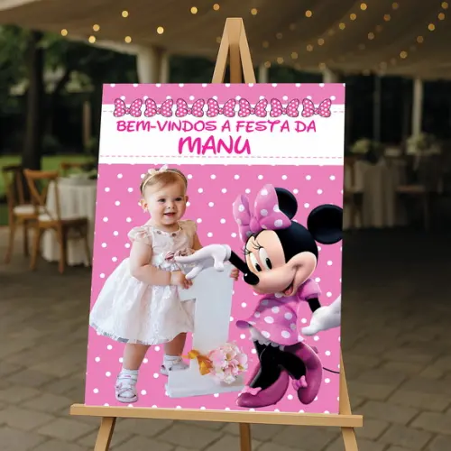 Placa de Recepção Minnie Rosa com Foto da Criança