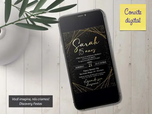 Convite Digital Debutante Preto com Dourado