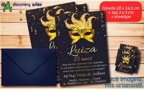 Convite Dourado Baile de Máscaras 15 Anos (20 x 14,5 Cm)