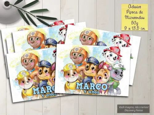 Rótulo Adesivo Pipoca de Microondas Patrulha Canina Aquarela