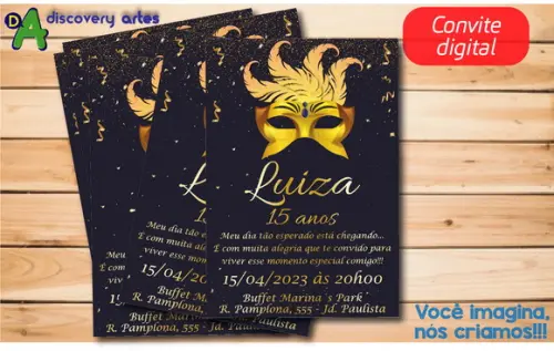 Convite Digital Dourado Baile de Máscaras 15 Anos