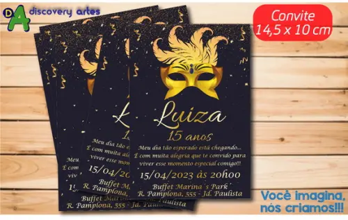 Convite Dourado Baile de Máscaras 15 Anos