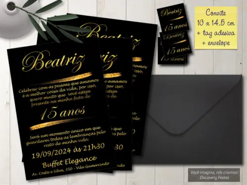 Convite Debutante Preto com Dourado
