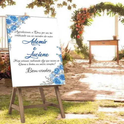 Placa de Recepção Bem-vindos Casamento Floral Azul