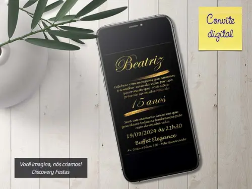 Convite Digital Debutante Preto com Dourado