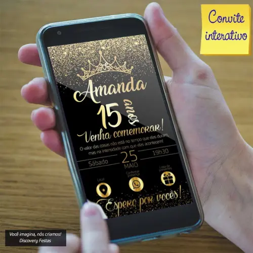 Convite Interativo Debutante Preto com Dourado