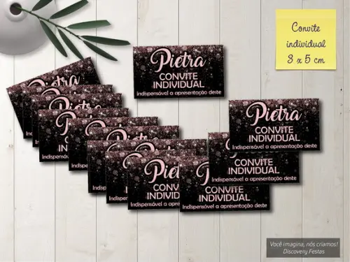 Convite Individual Preto com Glitter Rosa